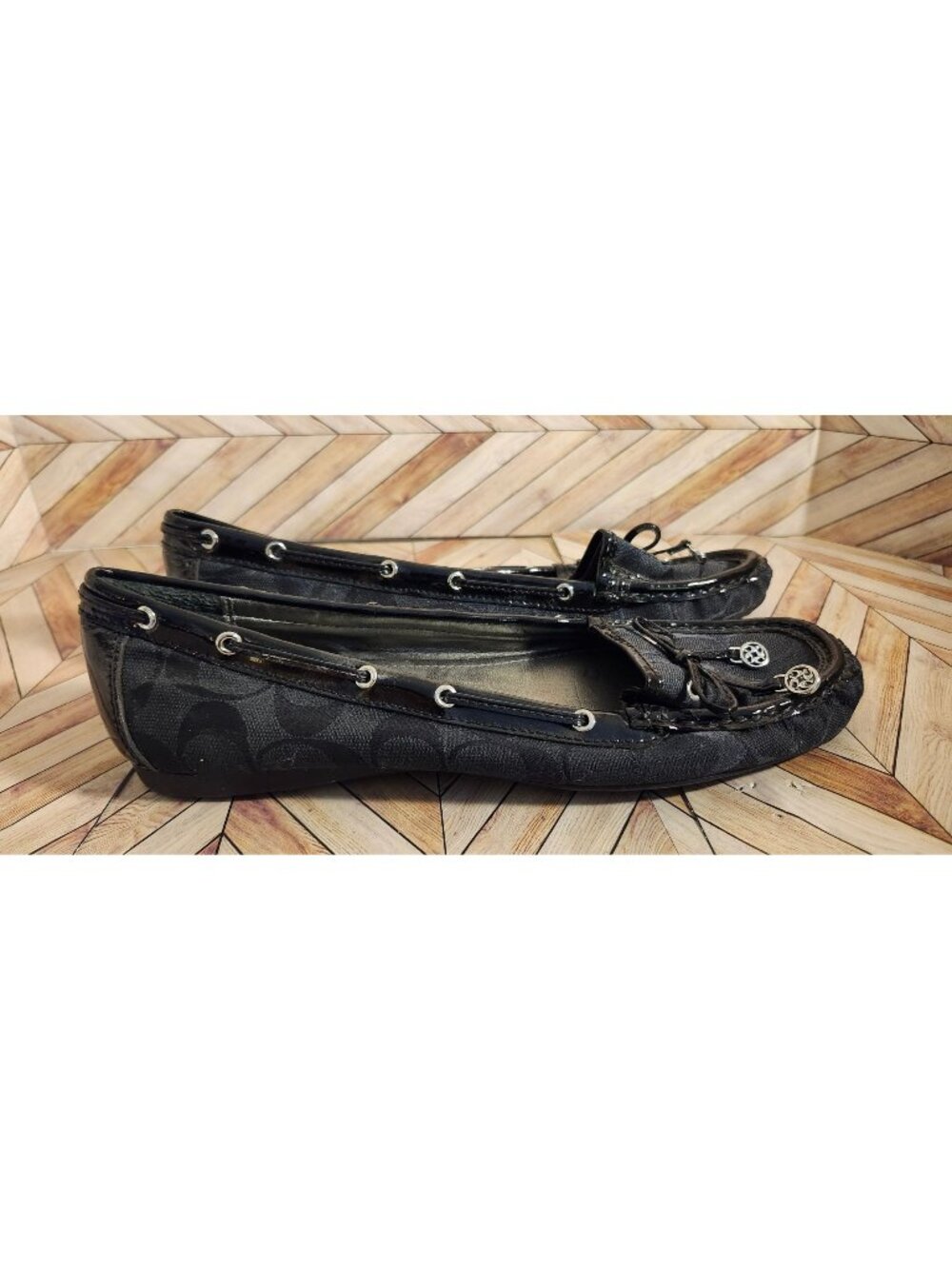 Women Coach Black Finna Flats Loafer Signature Black Patent Shoes Size 9.5 B